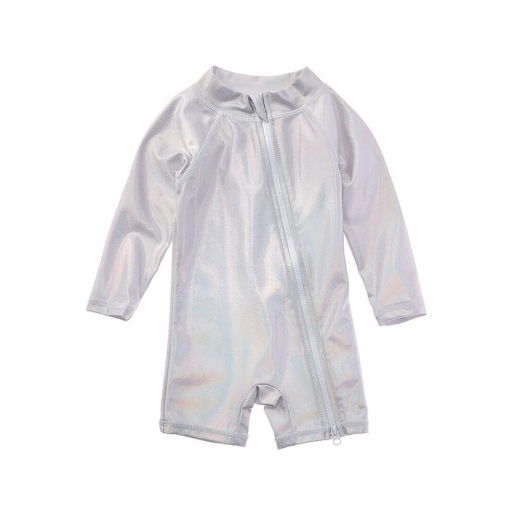 Flap Happy Girls  Shimmering Silver Rash Guard Romper, Silver